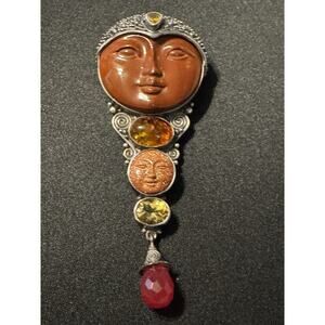 Sajen 925 Silver Pendant/Brooch Citrine Amber, Quartz, Bloodstone Bottom Bead